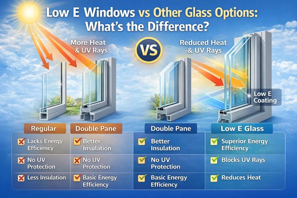 Low E windows vs other glass options comparison showing heat reduction, UV protection, and energy efficiency benefits
