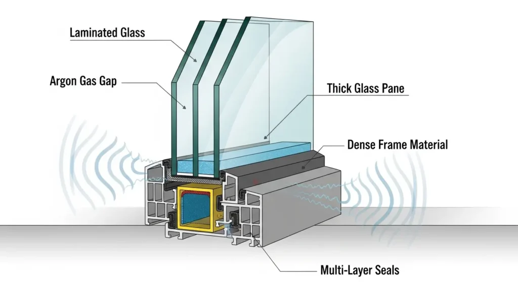 Soundproof window cross-section showing laminated glass, argon gas gap, thick pane, dense frame, and multi-layer seals