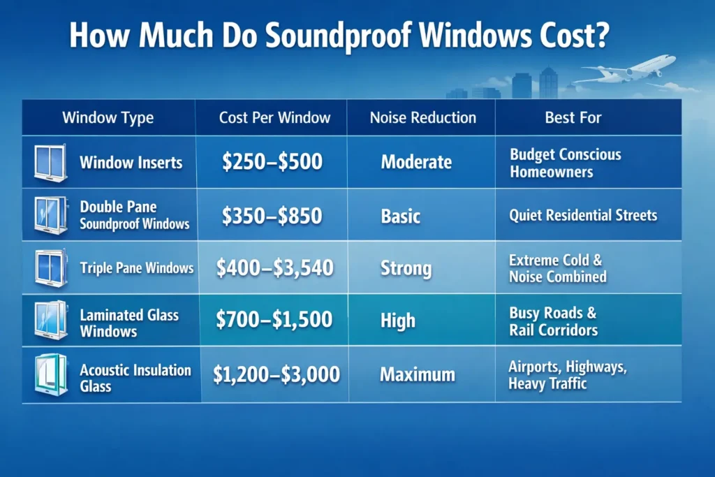 Soundproof window cost comparison chart showing window types, pricing, noise reduction levels, and best use cases