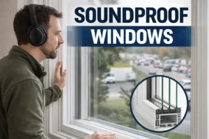 Man beside a soundproof window with traffic outside and inset showing multi-pane window frame design