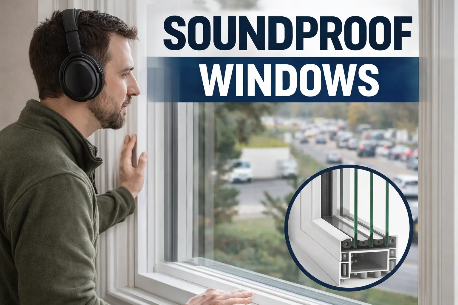 Man beside a soundproof window with traffic outside and inset showing multi-pane window frame design
