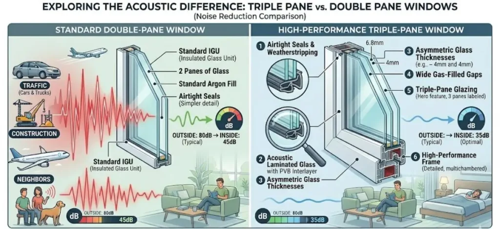Triple pane vs double pane windows noise reduction comparison showing acoustic performance, glass layers, and sound insulation