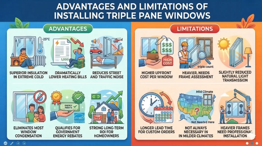 Advantages and limitations of triple pane windows showing insulation, cost, noise reduction, and installation factors
