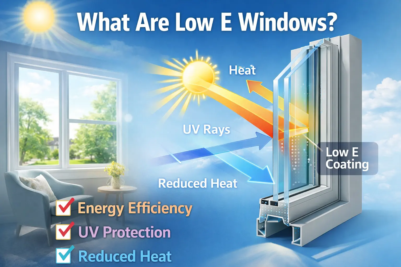 Low E window diagram showing coating that reduces heat transfer, blocks UV rays, and improves energy efficiency