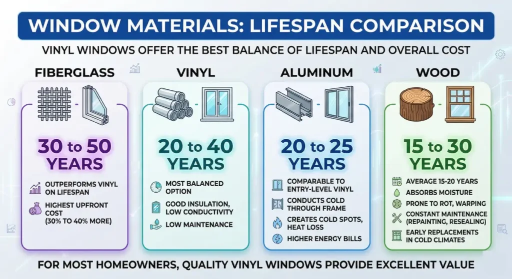 Window materials lifespan comparison showing fiberglass, vinyl, aluminum, and wood window durability and maintenance differences
