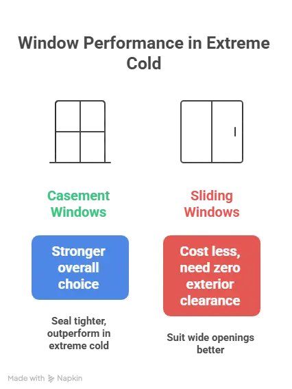 Side by side comparison of casement and sliding windows showing opening style, ventilation, and design differences