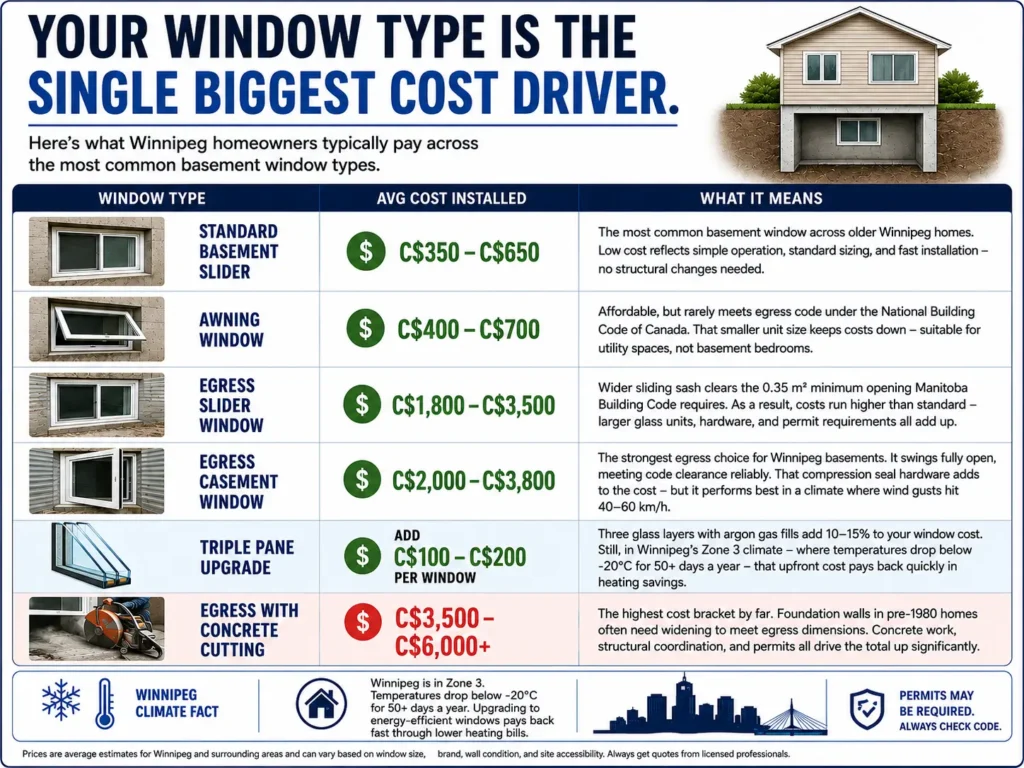 Comparison of basement window replacement costs by window type including slider, awning, and egress windows