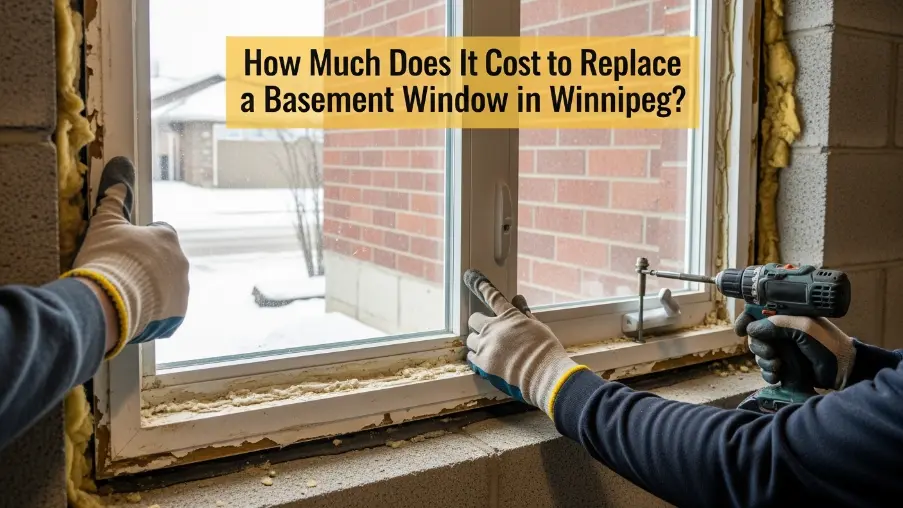 Basement window replacement project showing new energy-efficient window installation in Winnipeg home