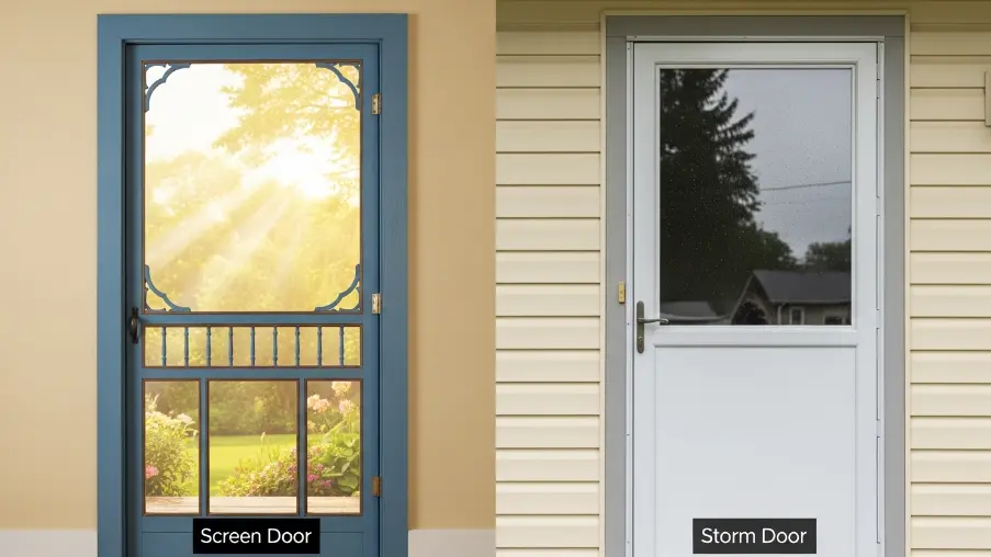 Comparison of screen door and storm door for home entry protection and ventilation