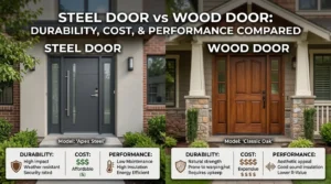 Side-by-side comparison of steel and wood doors highlighting durability, cost efficiency, maintenance, and overall performance for home use