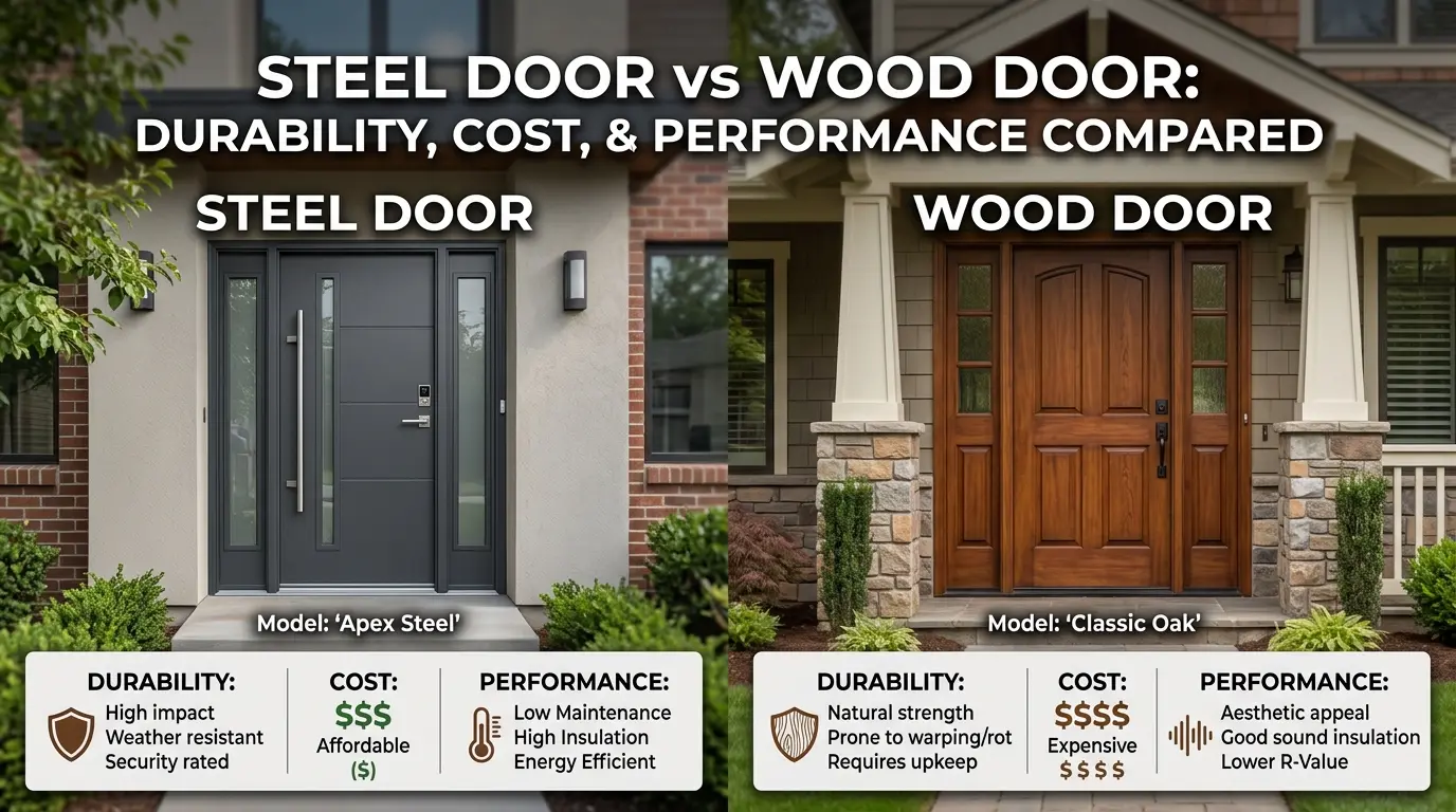 Side-by-side comparison of steel and wood doors highlighting durability, cost efficiency, maintenance, and overall performance for home use