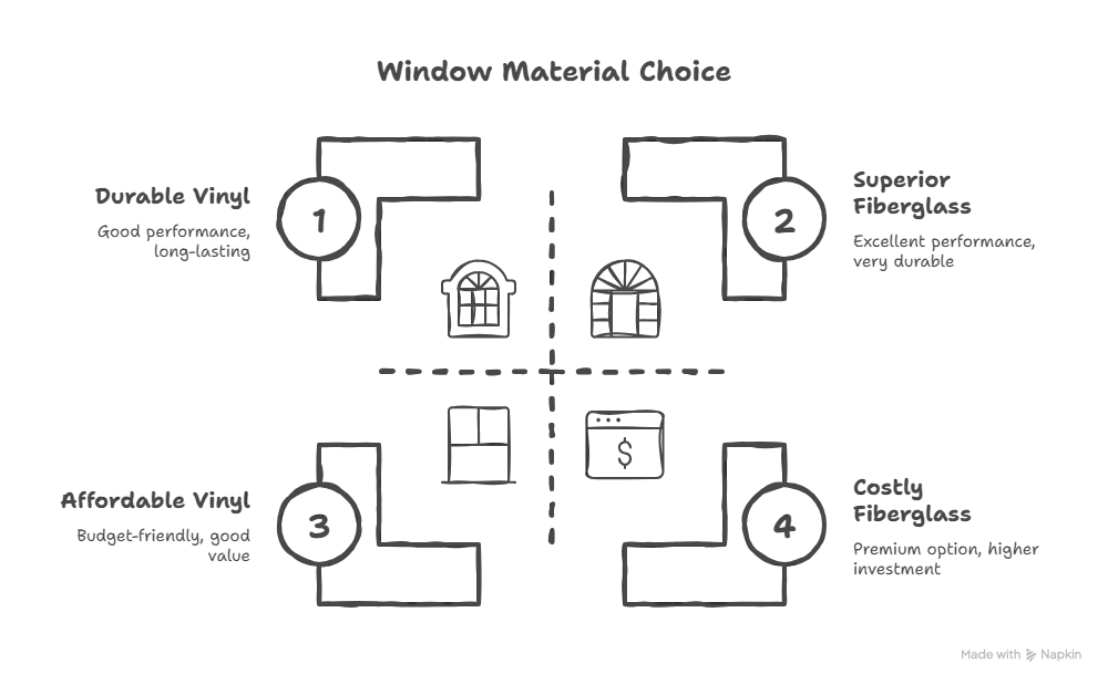 Side-by-side comparison table of vinyl and fiberglass windows for cost, durability, and energy efficiency
