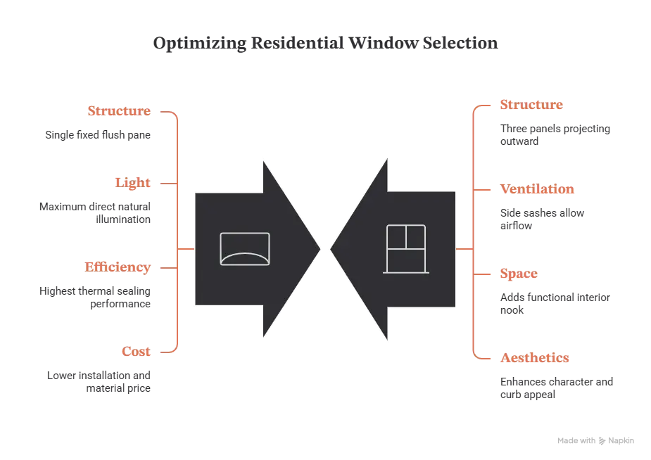 Side-by-side comparison of picture window and bay window features, style, and functionality