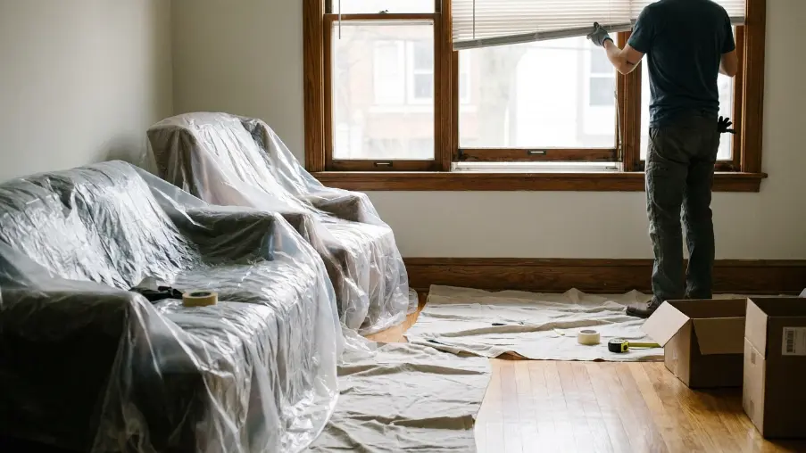 Homeowner preparing a room for window replacement by clearing furniture, removing curtains, and protecting floors before installation