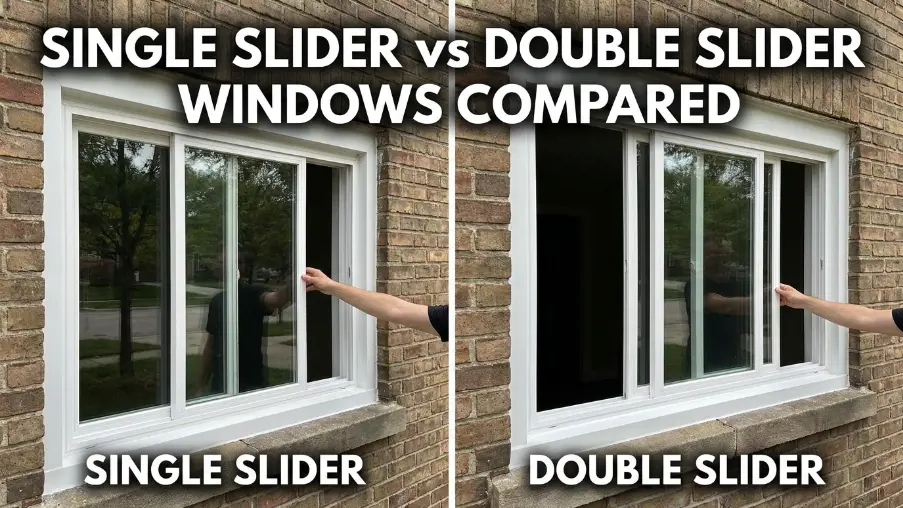 Comparison of single slider and double slider windows showing ventilation, usability, and design differences