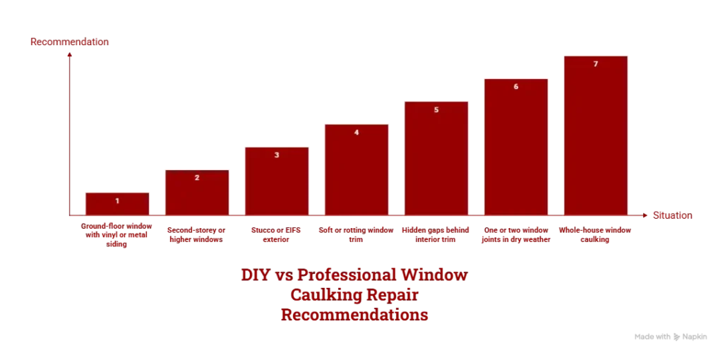 Comparison of DIY and professional window caulking repair, highlighting tools, seal quality, durability, weatherproofing performance, cost, and long-term results