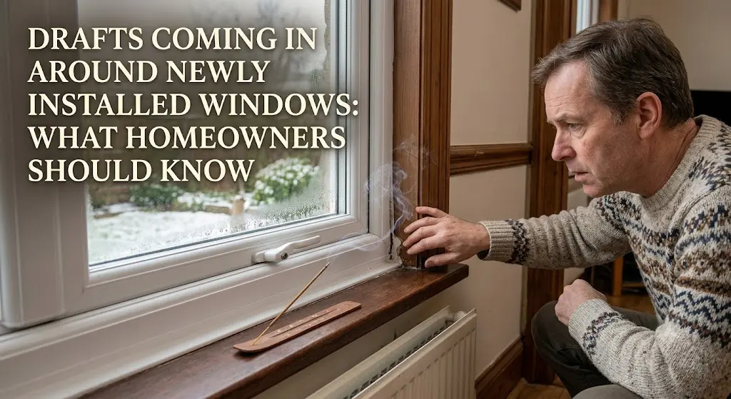 Homeowner checking for air drafts around newly installed windows, highlighting common installation issues, weather sealing, insulation, and energy efficiency