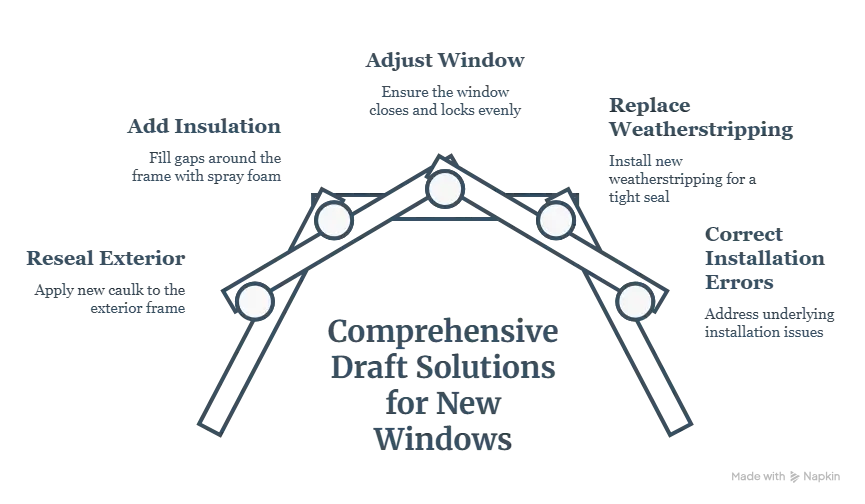 Technician sealing drafts around newly installed windows using insulation, caulking, weatherstripping, and proper installation techniques to improve energy efficiency