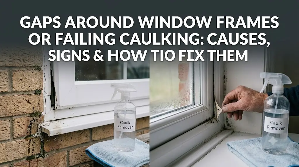 Window frame with cracked caulking and visible gaps allowing air and water infiltration, showing inspection, resealing, and weatherproofing repairs