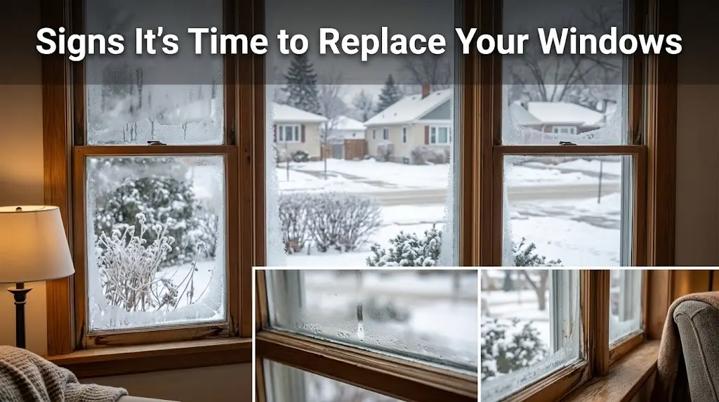 Seven common signs that Winnipeg homeowners may need window replacement, including drafts, condensation, damaged frames, difficulty opening windows, rising energy bills, and poor insulation