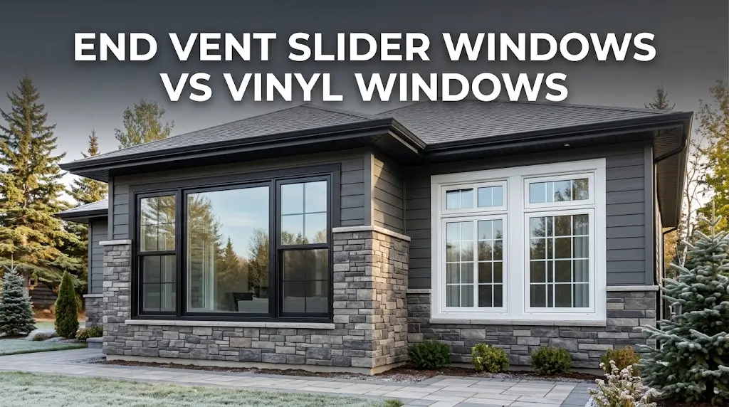 Comparison of end vent slider and vinyl windows showing ventilation, energy efficiency, operation, maintenance, durability, and ideal applications for homeowners