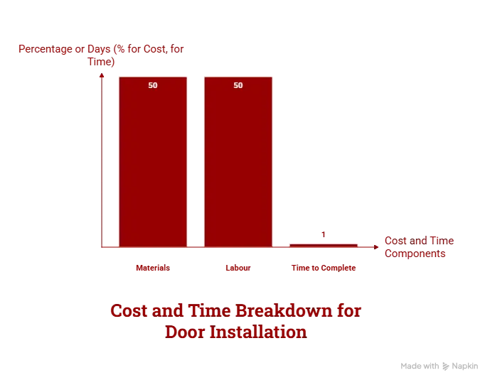 Exterior door installation timeline showing labour stages including old door removal, opening preparation, new door fitting, insulation, sealing, hardware installation, and final adjustments