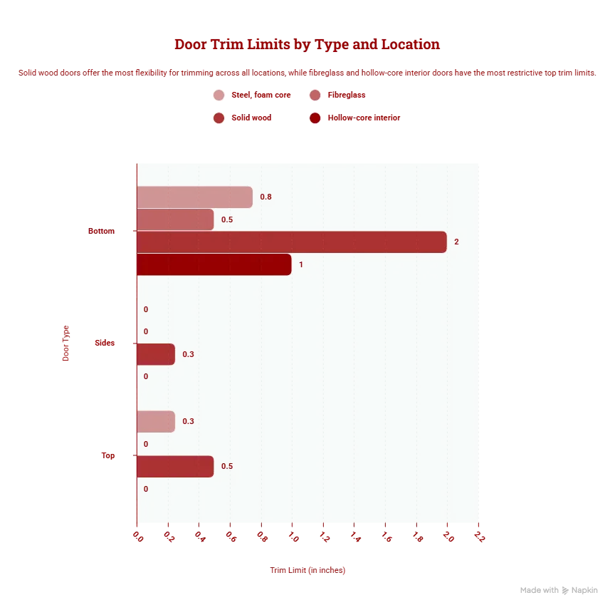 Comparison of maximum door trimming limits for steel, fibreglass, solid wood, and hollow-core doors, including bottom, side, and top cuts