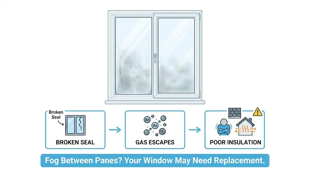 Double pane window showing fog and condensation trapped between the glass panes, indicating a failed window seal and reduced insulating performance