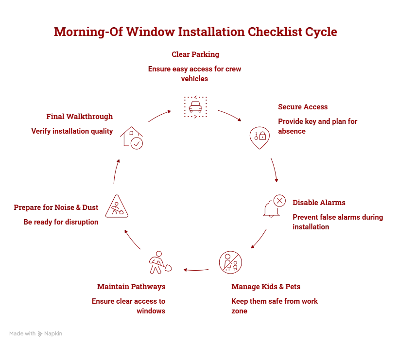 Morning-of window installation checklist showing a homeowner preparing the work area, clearing furniture, protecting floors, securing pets, and confirming access for the installation crew