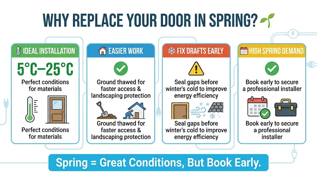 Exterior door replacement in Winnipeg during spring, showing favourable installation conditions, milder temperatures, and preparation for improved home energy efficiency