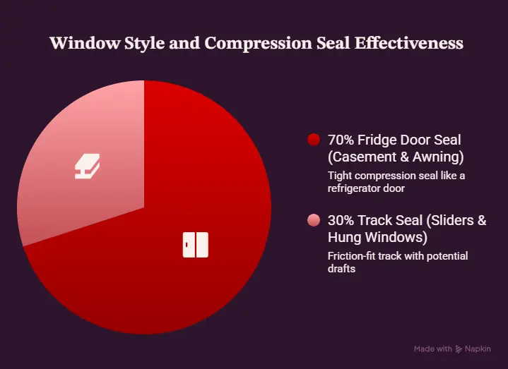 Window compression seal cross-section showing how the sash presses against weatherstripping to reduce air leakage and improve energy efficiency