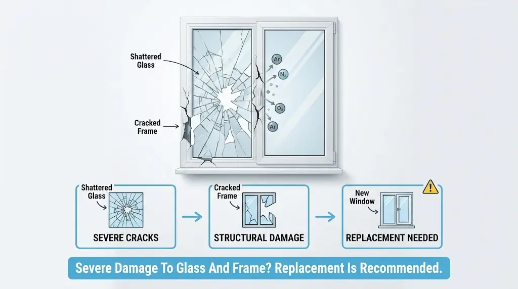 Damaged window frame showing visible cracks, wood rot, and warping that can reduce insulation, allow moisture intrusion, and indicate the need for replacement